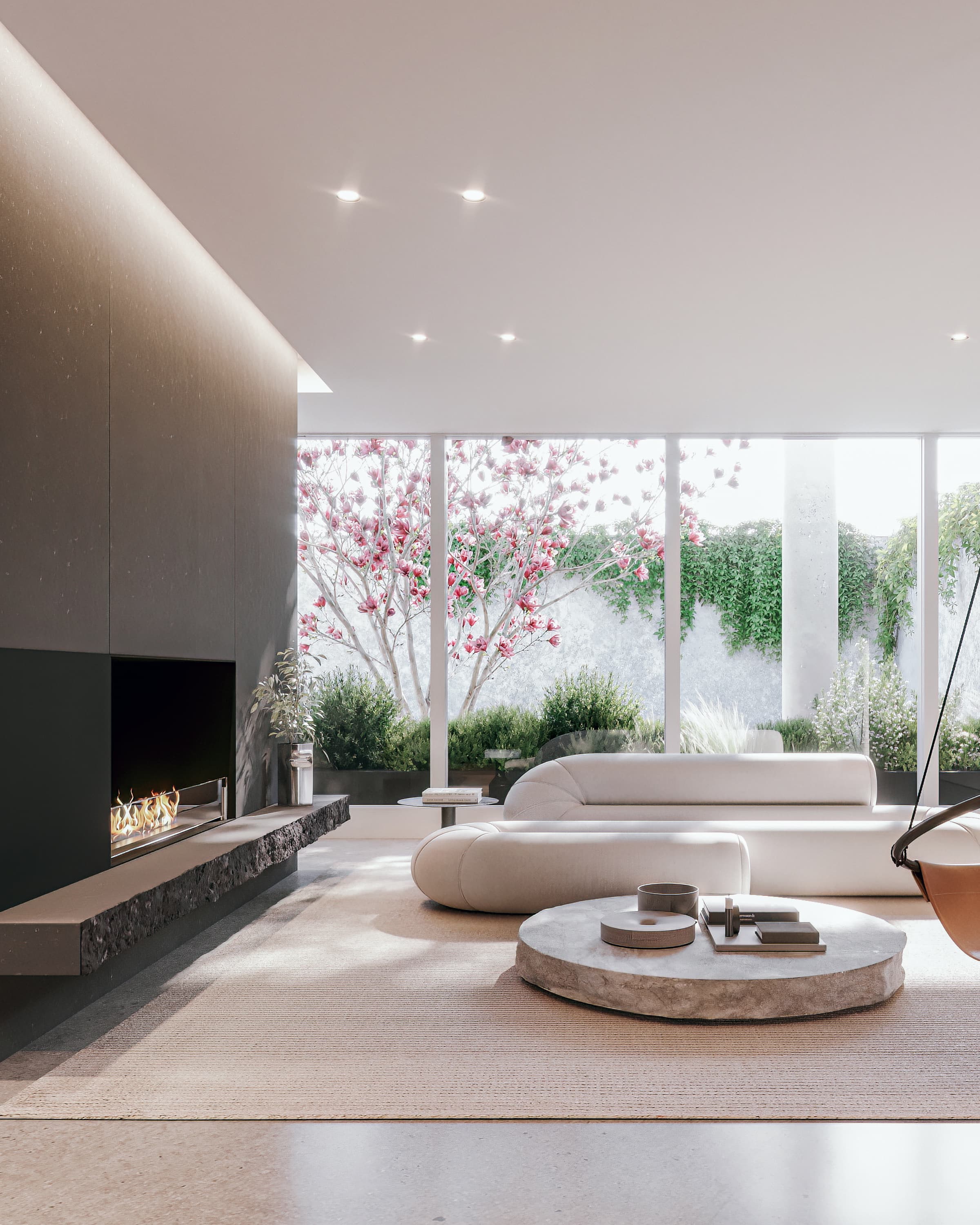 Residential living room opening to a landscaped garden